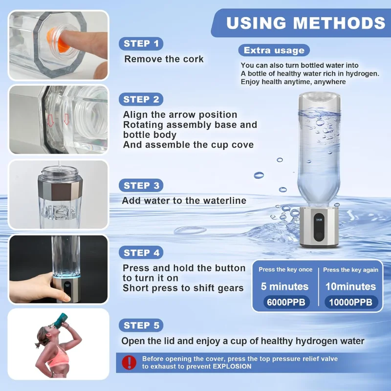 BPA Free Portable Intelligent10000PPB Hydrogen USB WaterGenerator Bottle Machine for Ofce Home Travel - Image 3
